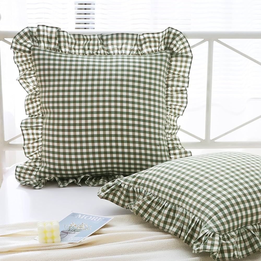 Sage Green Plaid Ruffle Throw Pillow Covers for Couch 20"x20",2 Pack Vintage Checkered Washed Cot... | Amazon (US)