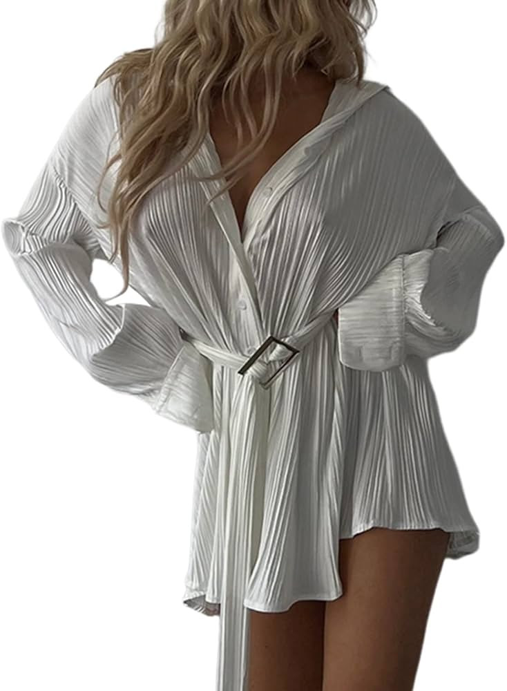 Volemo Button Down Shirt Dresses for Women Long Sleeve Pleated V Neck Casual Mini Dress with Belt | Amazon (US)