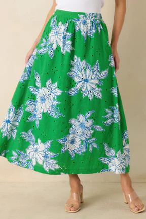 Just One of Those Days Green & White Floral Cotton Maxi Skirt | Red Dress