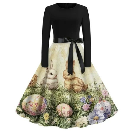 HAJWOH Easter Dresses for Women Church Long Sleeve Bunny Egg Graphic Summer Dresses Plus Size Crew Neck Boho Tank Dresses Midi Dress Comfy Formal Dresses Happy Easter Gift for Women Khaki S | Walmart (US)
