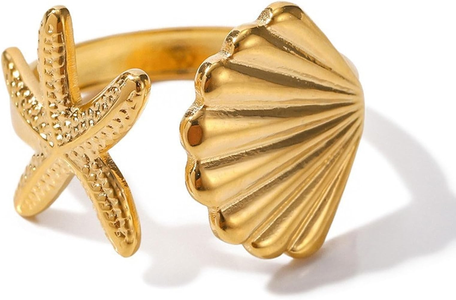 HUASAI Gold Seashell Starfish Shell Ring Dainty Beachy Statement Rings for Women Non Tarnish Summer Jewelry for Women Beach Accessories Vacation Party Summer Stuff | Amazon (US)