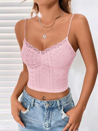 SHEIN EZwear Lace Trim Ruched Bust Cami Top | SHEIN