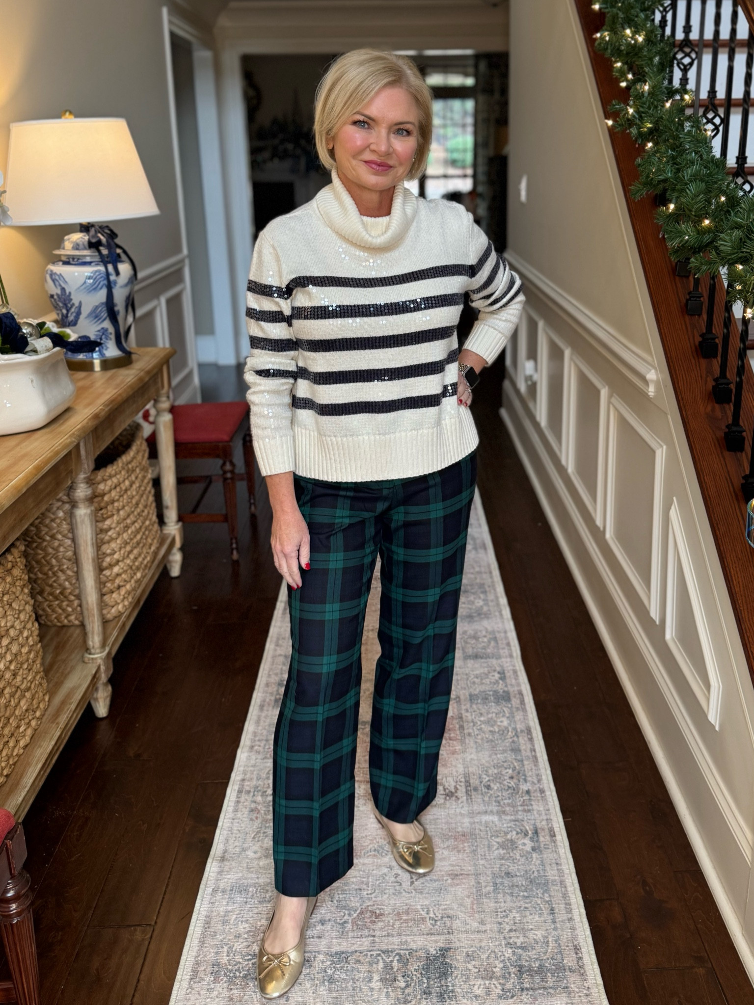 Everything at Talbot's is 50% off NOW!!! I'm loving this sequin stripe sweater with the black watch plaid pants, but it also
Looks great with jeans, etc. I'm wearing the sweater in Medium Petite and pants in 6 Petite, but really need 4 petite. 

Holiday outfits
Christmas outfits
Christmas party 
Plaid
Christmas sweater

#fashionover50
#stylewithserena
#holidayoutfits
#christmasoutfit

#LTKHoliday #LTKSaleAlert #LTKOver40