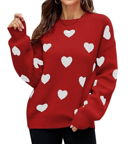 Women's Cute Heart Sweater Love Print Valentines Day Knitted Top Casual Crewneck Long Sleeve Sweaters Pullover(Jumper Red 33,M) | Amazon (US)