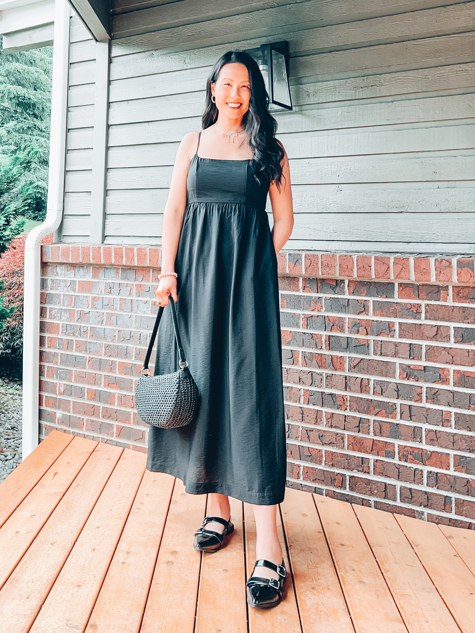 Maxi dress, TTS, wearing a small
Crochet moon shoulder bag
Along back mary janes, tts
Summer dress
