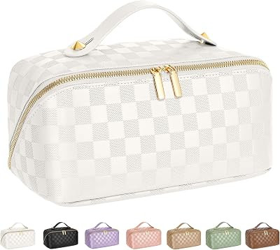 ALEXTINA Travel Makeup Bag, Checkered PU Leather Cosmetic Bag, White | Amazon (US)
