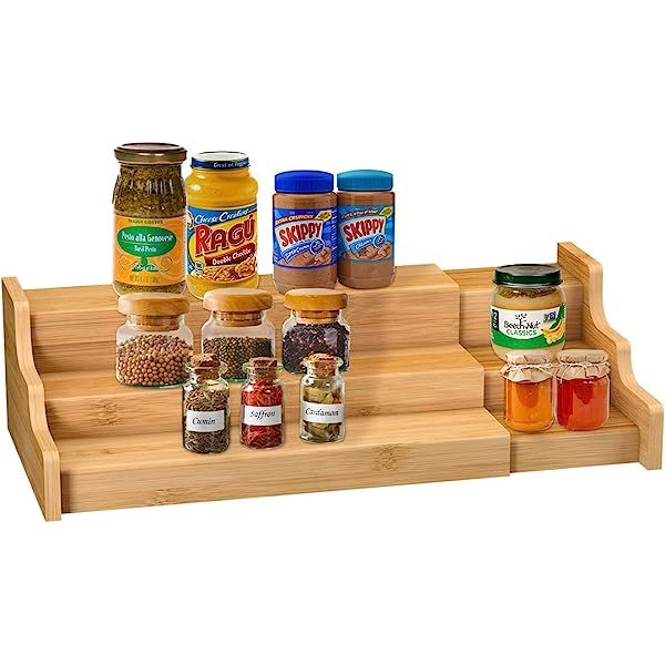 mDesign Bamboo Adjustable, Expandable Spice Rack Organizer with 3 Levels Storage for Kitchen Cabinet | Amazon (US)