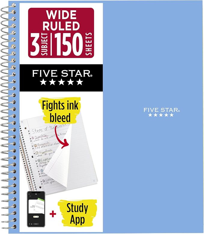 Five Star Spiral Notebook + Study App, 3 Subject, Wide Ruled Paper, 8" x 10-1/2", 150 Sheets, Fig... | Amazon (US)