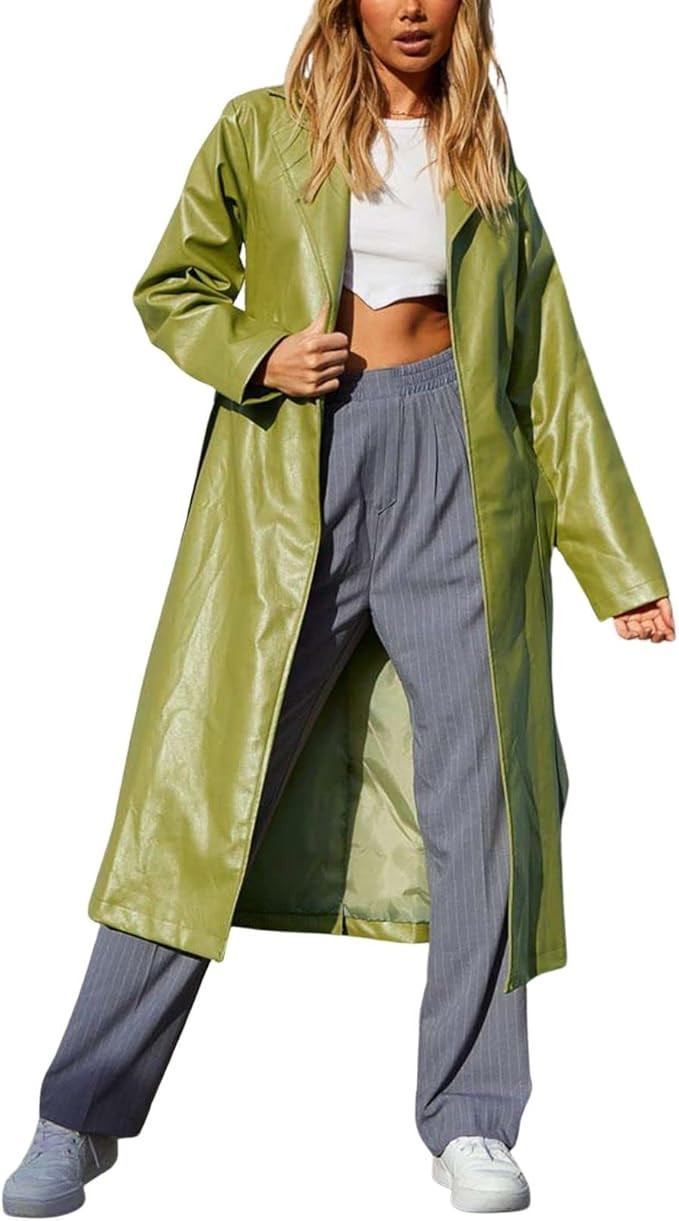 chouyatou Women's Casual Lapel Open Front Pu Faux Leather Long Trench Coat with Belt | Amazon (US)