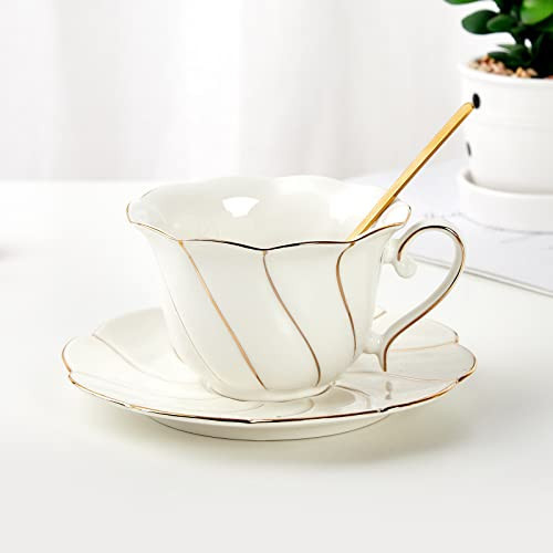 DUJUST Porcelain Tea Cup & Saucer Set, Luxury British Style, Golden Trim, Perfect for Living Room Decoration & Tea Party, Includes Tea Spoon | Amazon (US)