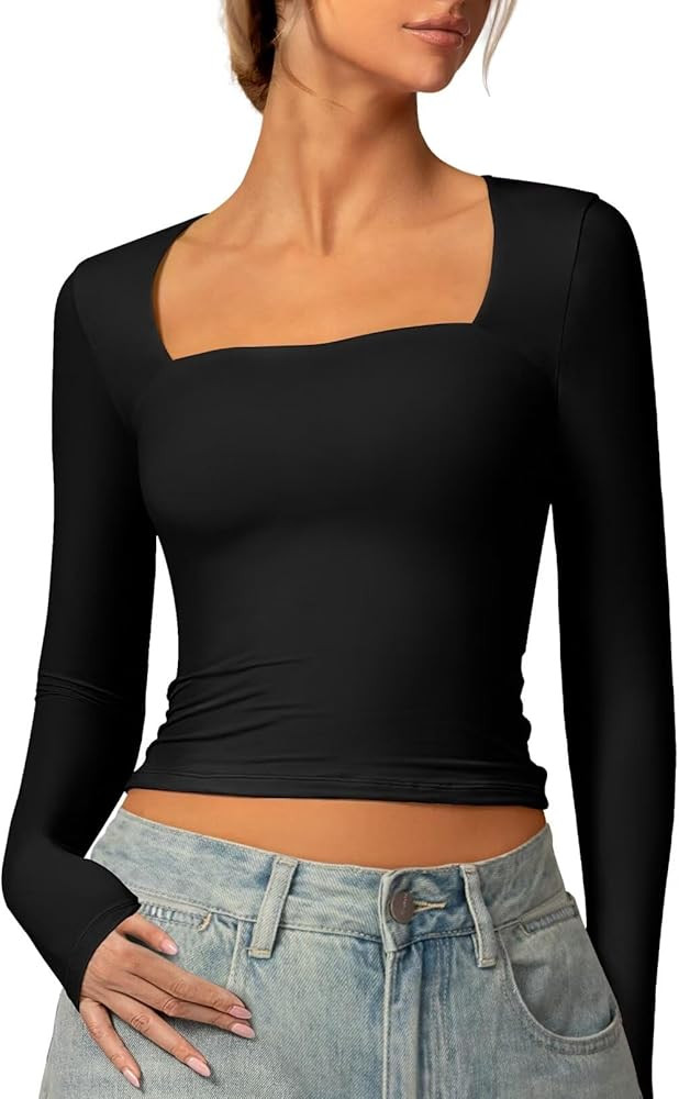 Vertvie Square Neck Tops for Women Long Sleeve Double Lined Tight Shirts Slim Fitted Basic Tee So... | Amazon (US)