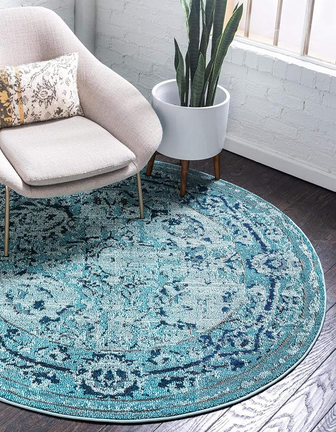 Rugs.com Fleur Collection Rug – 8' Round Light Blue Medium-Pile Rug Perfect for Kitchens, Dinin... | Amazon (US)