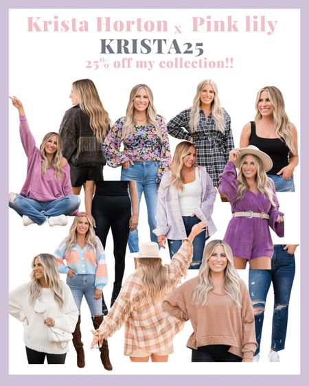 You can shop my collection with pink lily using my code KRISTA25 TODAY November 6th through Tuesday November 8th!! 

#fauxleatherleggins #pullover #sweater #womensweater #fallvibes #womenstank #denimjacket #fringe #fallinspo #womensfashion #pinklily #kristahortonxpinklily #sale #winter #holiday #darkdenim #lightwashdenim #jeans #blouse #romper #shacket #pullover 

#LTKHoliday #LTKsalealert #LTKSeasonal