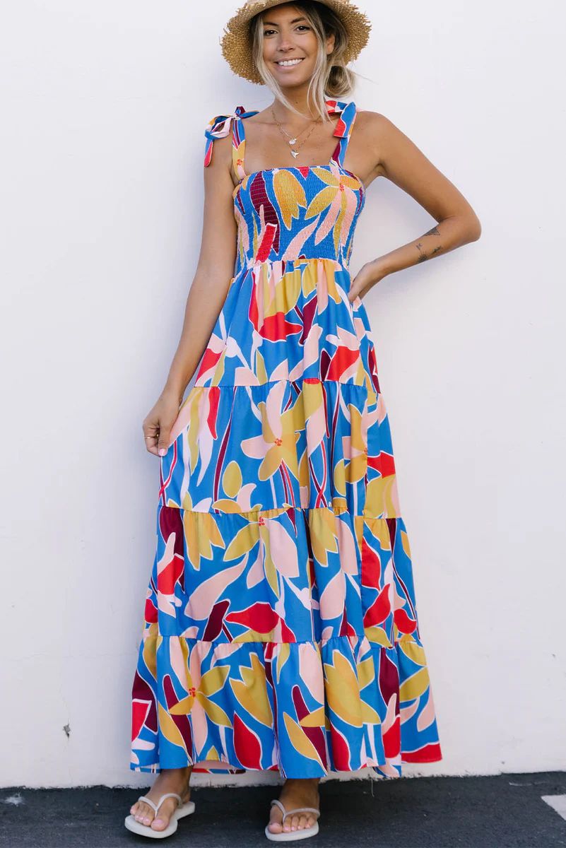 Boho Print Tie Straps Smocked Maxi Dress | Jane Fashion INC.