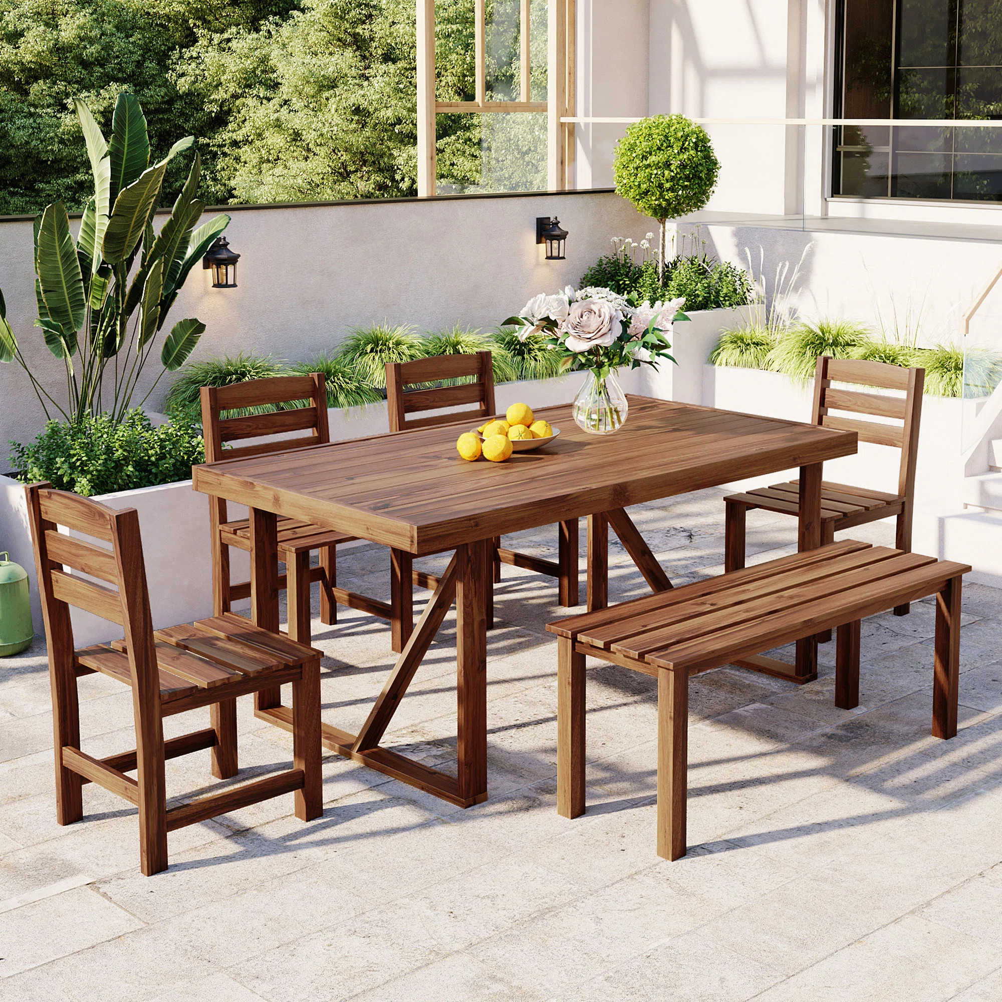 Ayomi 7-Piece Modern Patio Dining Set With Durable Acacia Wood And Elegant Natural Aesthetic | Wayfair North America