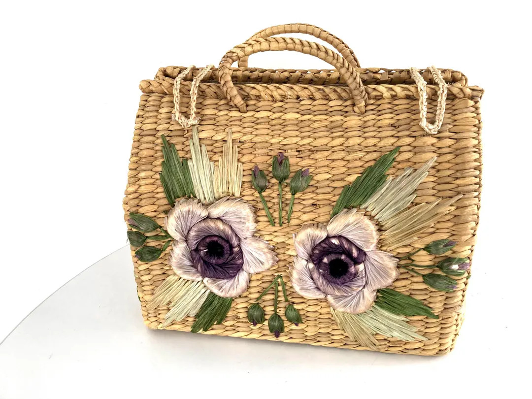 1960s VTG Vintage Hand-woven Mexican Picnic Basket Tote Extra Large Purse or Handbag Purple Embro... | Etsy (US)