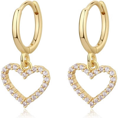 Gold Plated Mini Dangle Huggie Earrings with CZ Charm Drop, Dainty Small Hoop Jewelry Gift Hollow Heart CZ One Size | Target