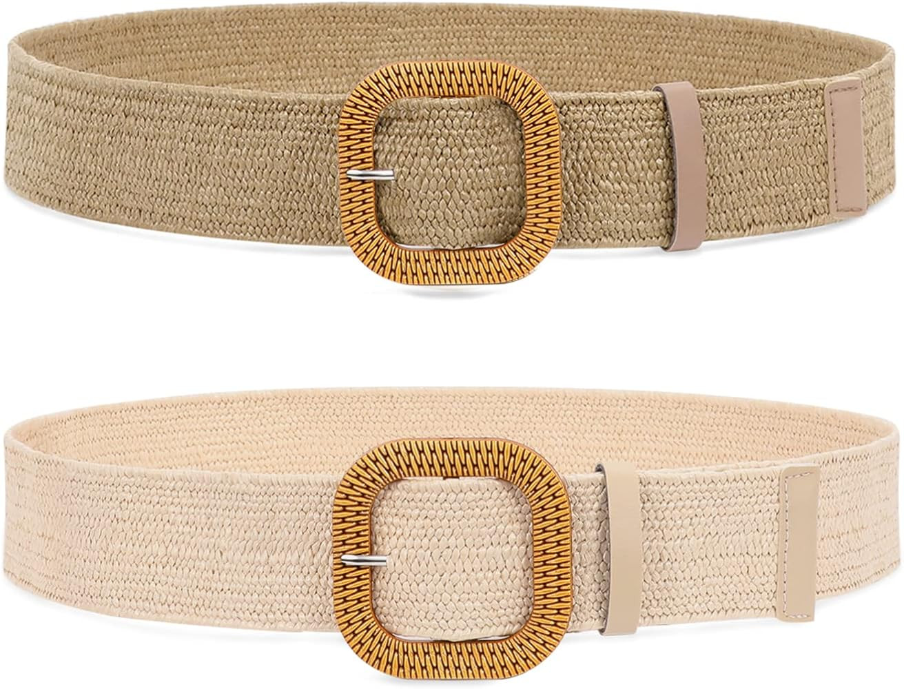 SUOSDEY 2 Pack Straw Woven Elastic Belt Braided Stretch Wide Belt for Women Dress | Amazon (US)