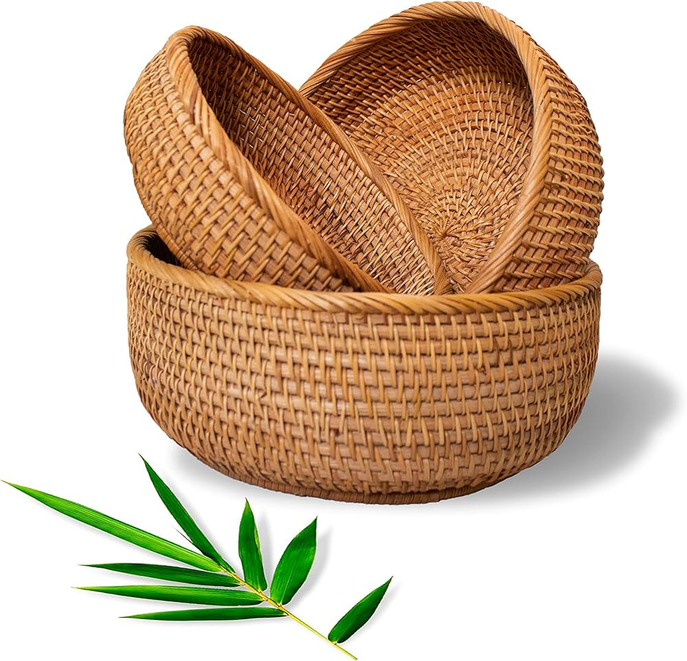 VNTRUEPRO Rattan Basket Bread Baskets For Serving Wicker Fruit Basket, Round Basket Rattan Basket... | Amazon (US)