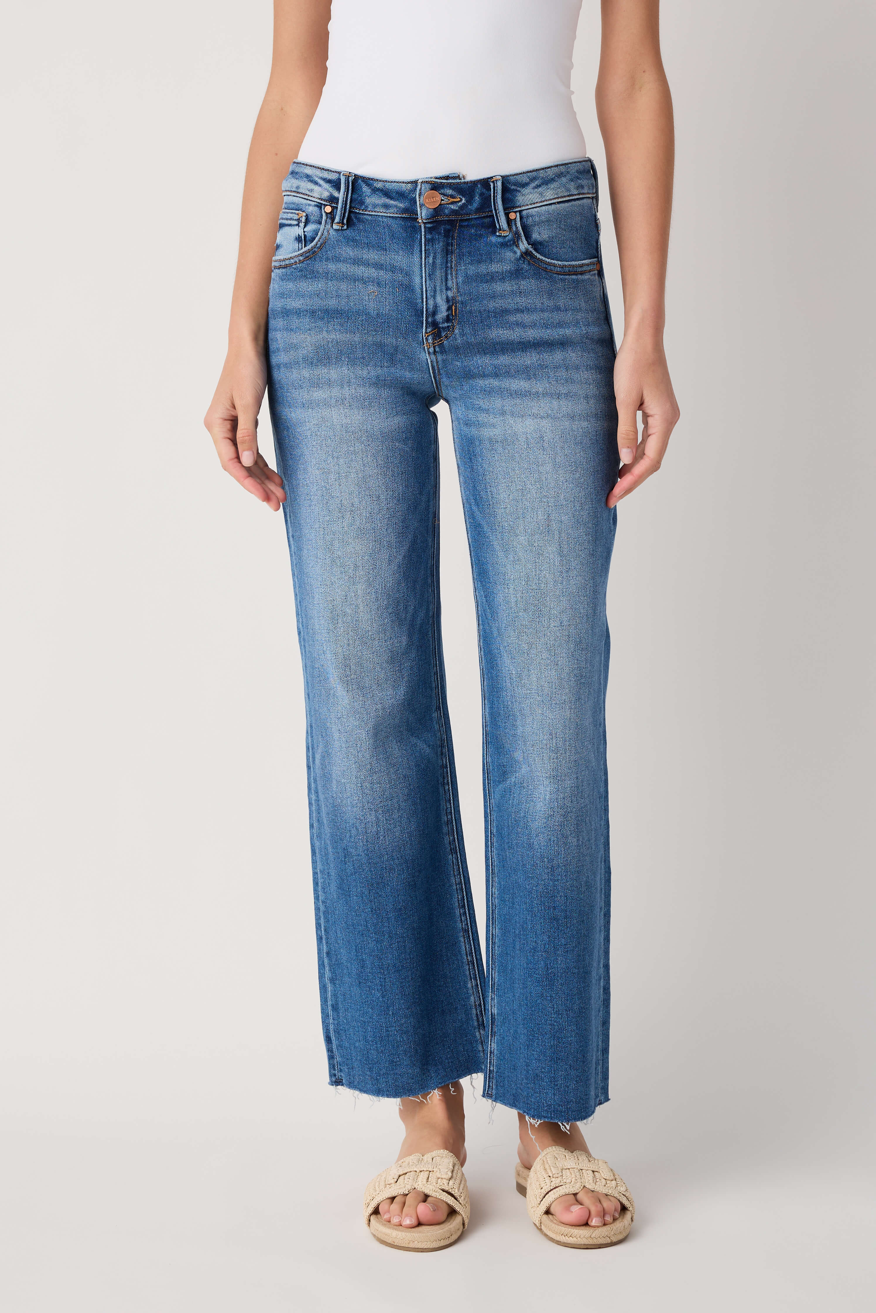 Risen Chelsea Mid Rise Straight Raw Hem Jeans | Social Threads
