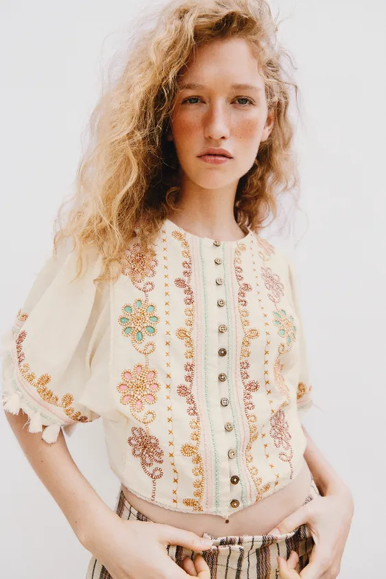 EMBROIDERED FRINGE BLOUSE | Zara US