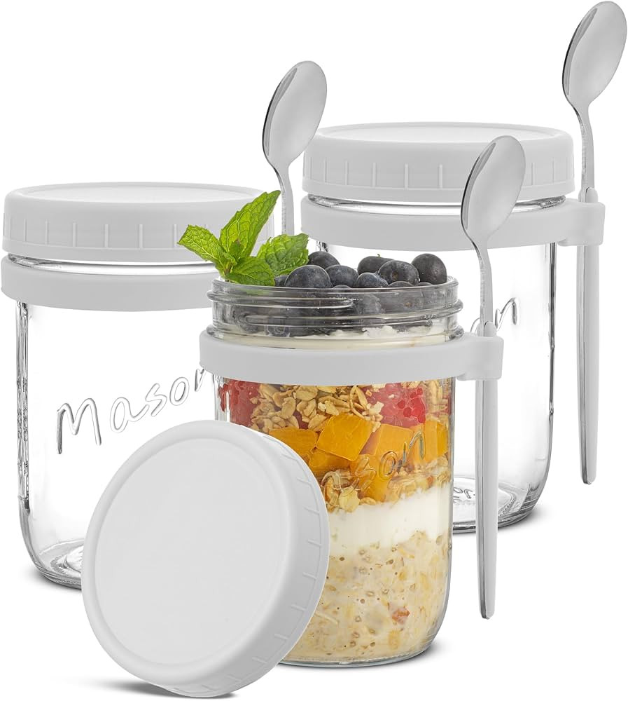 JoyJolt 3-Pack Glass Overnight Oats Jars with Lids and Spoons Set (16 oz), Mason Jars for Overnig... | Amazon (US)