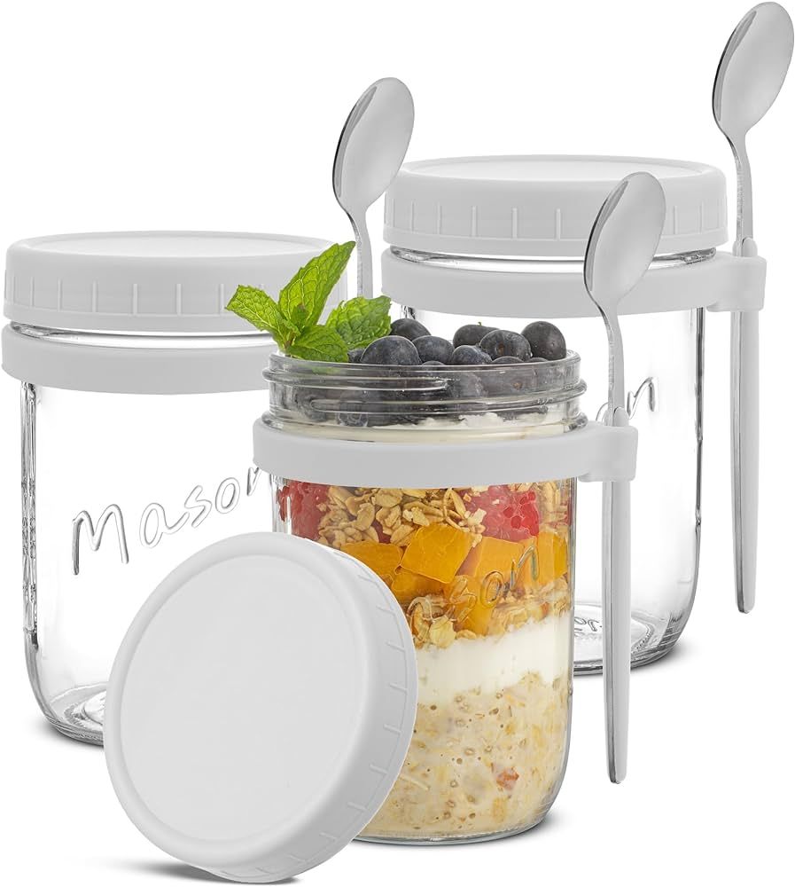 JoyJolt 3-Pack Glass Overnight Oats Jars with Lids and Spoons Set (16 oz), Mason Jars for Overnig... | Amazon (US)