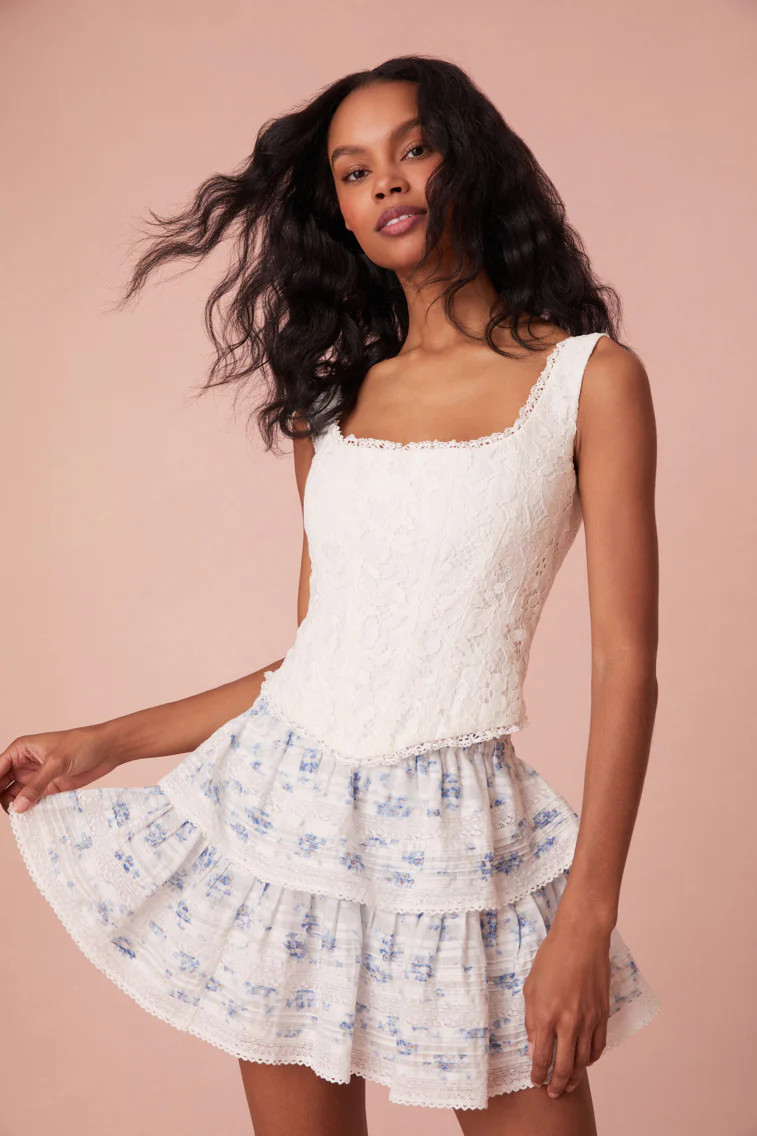 Ruffle Mini Blue Floral Skirt | LOVESHACKFANCY