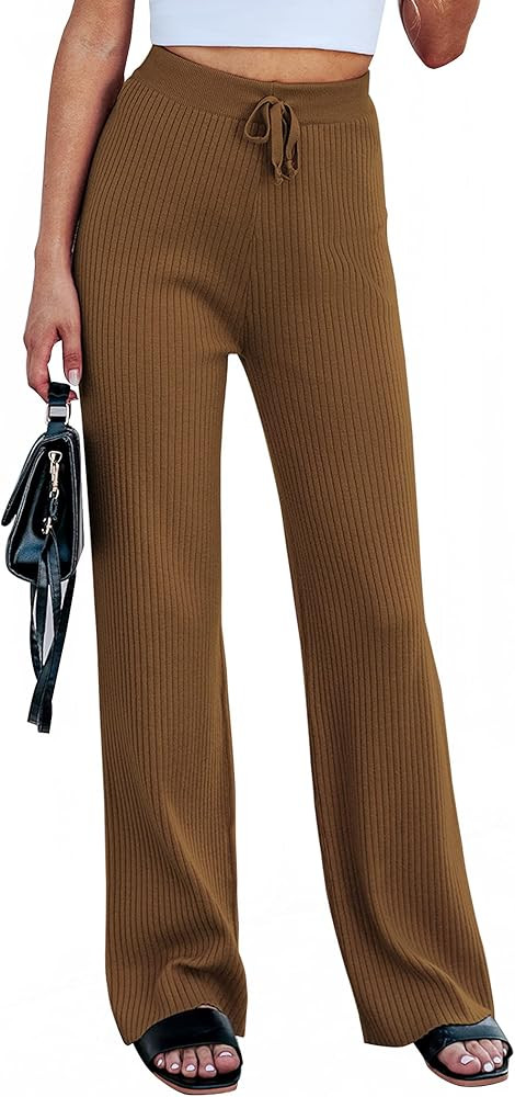 Cowasto Women's Casual Ribbed Knit Pants Elastic Waist Tie Front Wide Leg Sweater Pants | Amazon (US)