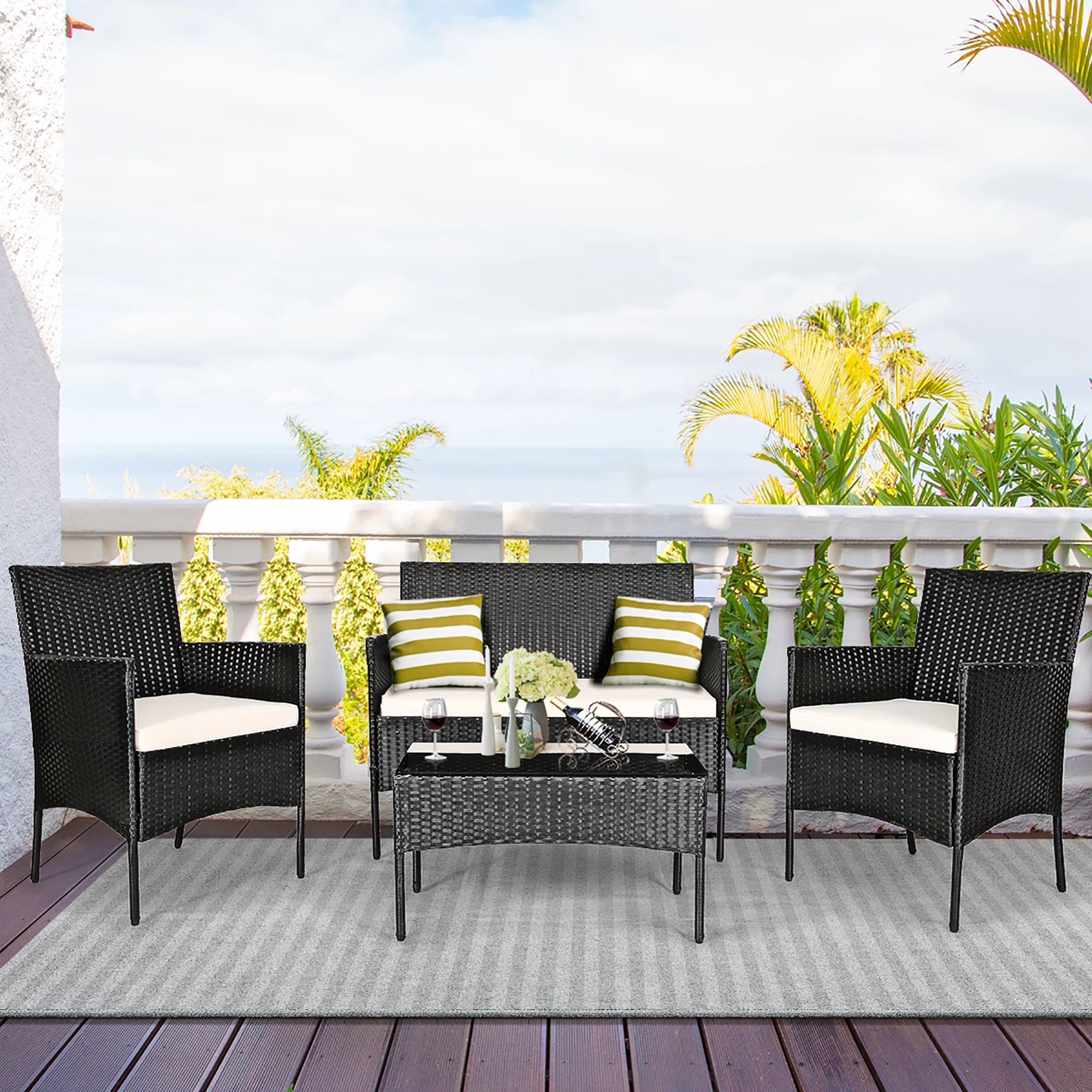 Costway 4 Pc Outdoor Patio Sectional Set, Black and White PE Rattan with Table | Walmart (US)