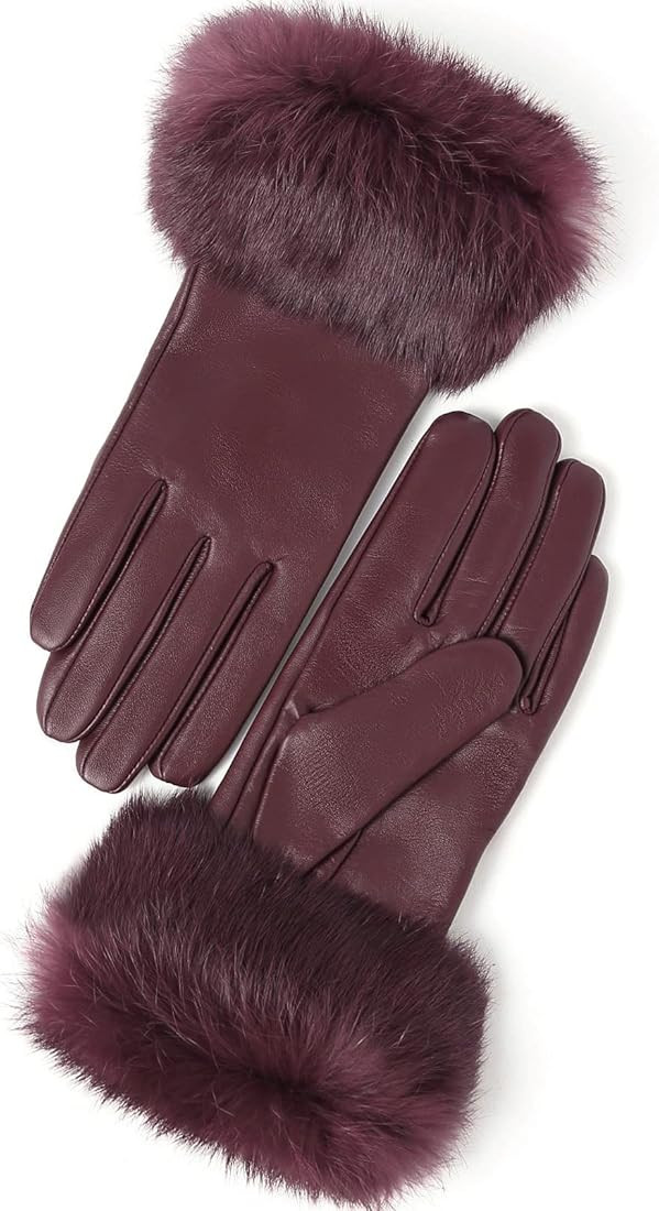 YISEVEN Women's Touchscreen Lambskin Leather Gloves Fur Cuff | Amazon (US)