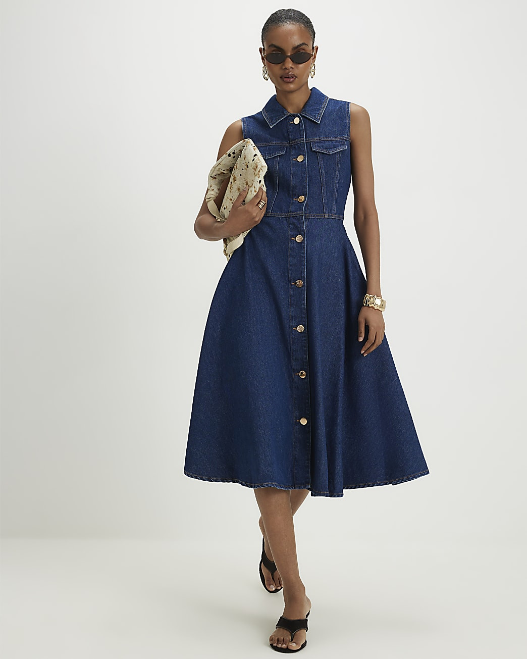 Blue Denim Sleeveless Midi Shirt Dress | River Island UK & IE
