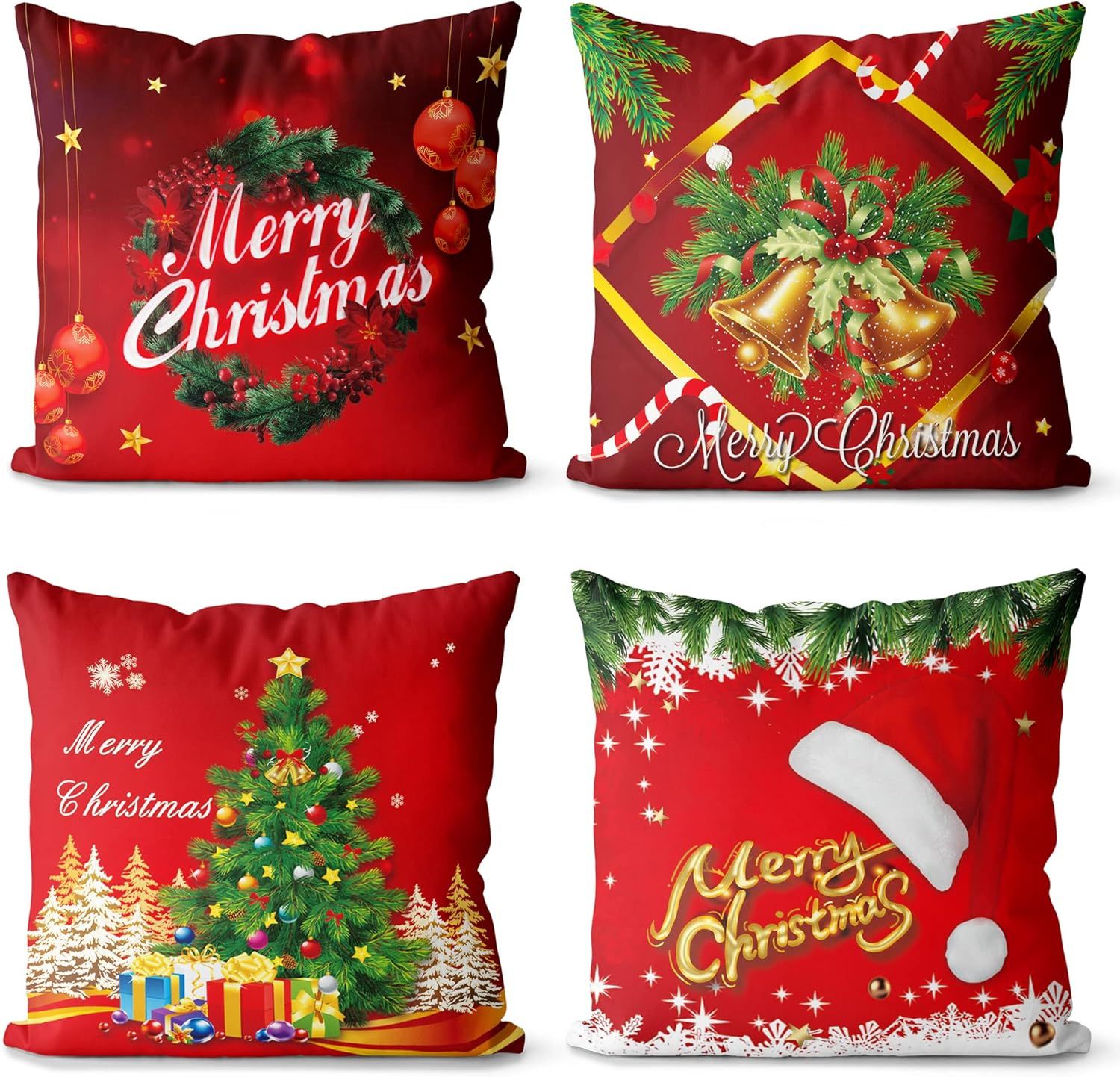 Christmas Throw Pillow Covers Merry Xmas Tree Bell Sofa Square Throw Pillowcases Cushion Couch Pi... | Amazon (US)