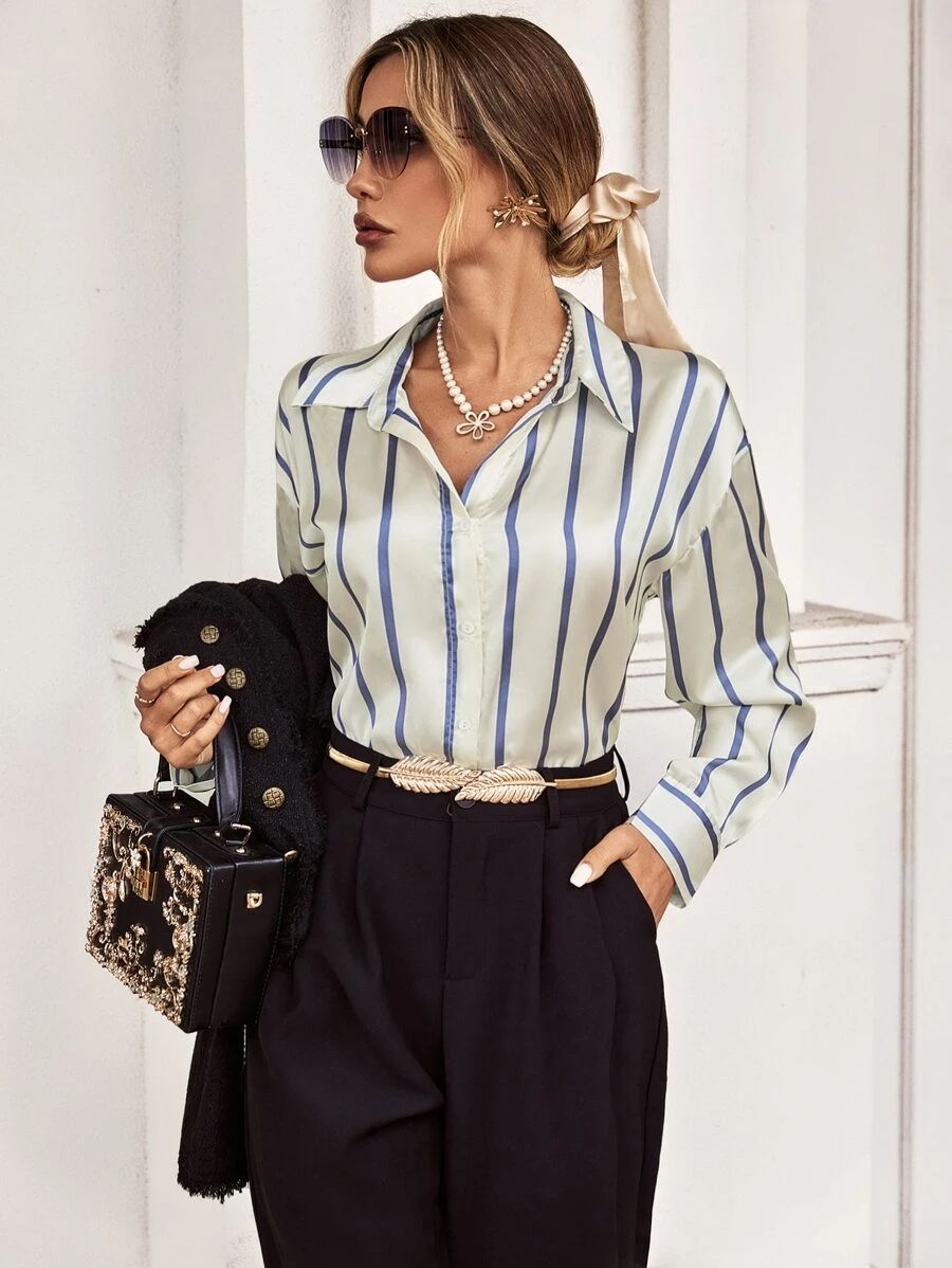 SHEIN BIZwear Striped Print Drop Shoulder Shirt Workwear | SHEIN