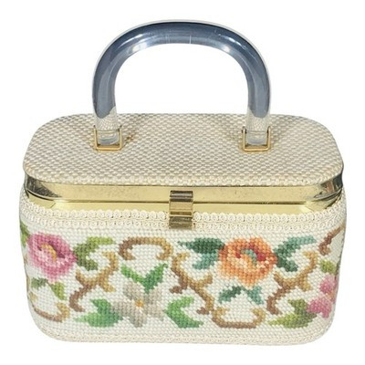 Vintage Needlepoint Box Purse w/ Lucite Handle Bag Pink Flowers | eBay US