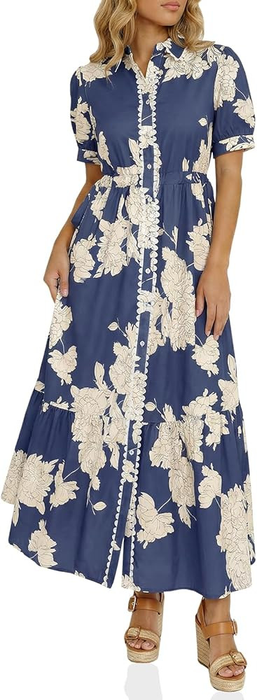 Wenrine Womens Casual Shirt Dress Floral Collared Short Sleeve Button Down Drawstring Waist Loose... | Amazon (US)