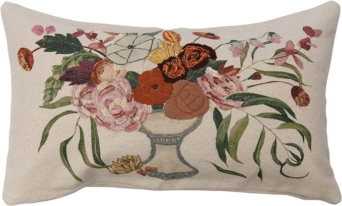 Creative Co-Op Cotton Lumbar Embroidery and Flowers in Vase, Multicolor Pillows, 24" L x 14" W x ... | Amazon (US)