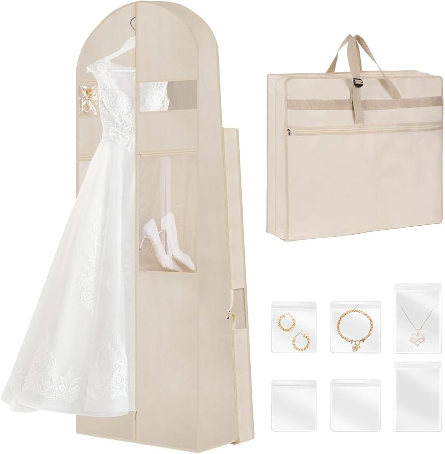 Wedding Dress Garment Bag,72" Tri-Fold Bridal Gown Bag with 6 Pouches and Adjustable Buckle Gown ... | Amazon (US)