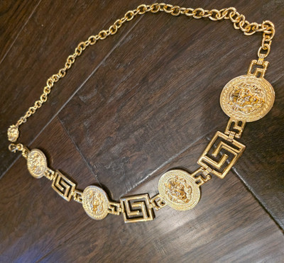 Vintage Gold Tone Lion Head Greek Key Medallion Chain Belt Small/Medium (S/M) | eBay US