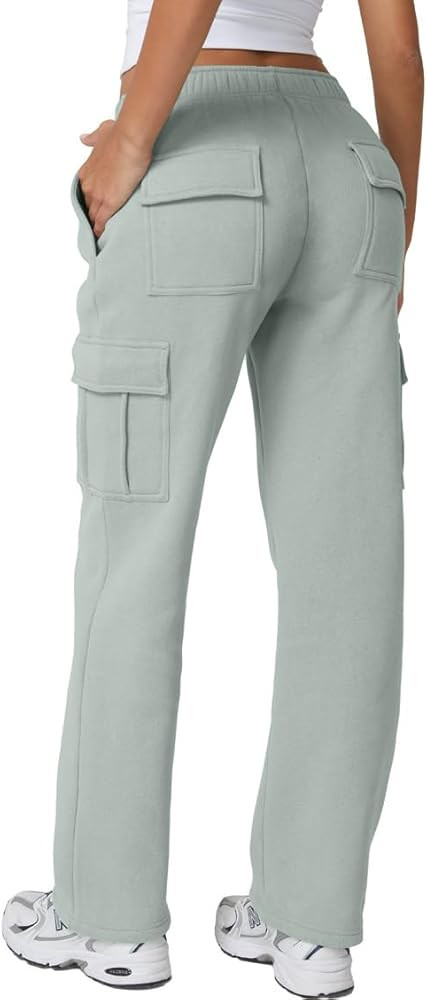 QINSEN Womens Medium Waist Baggy Elastic Waist Sweatpants Casual Fleece Long Pants with Pockets | Amazon (US)