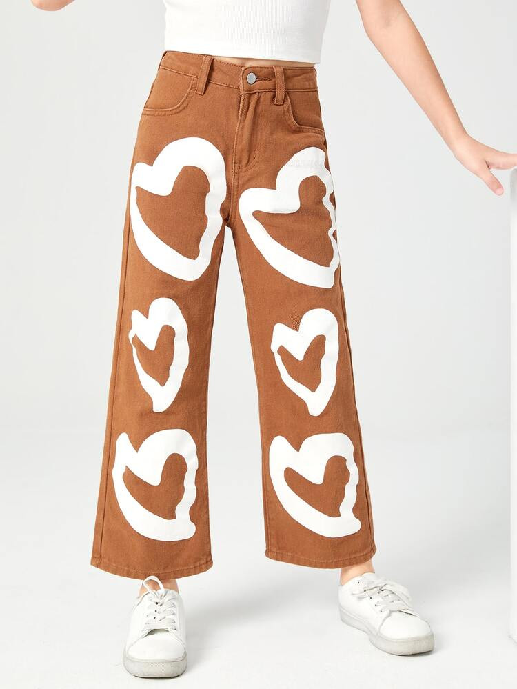 SHEIN Girls Heart Print Wide Leg Jeans | SHEIN