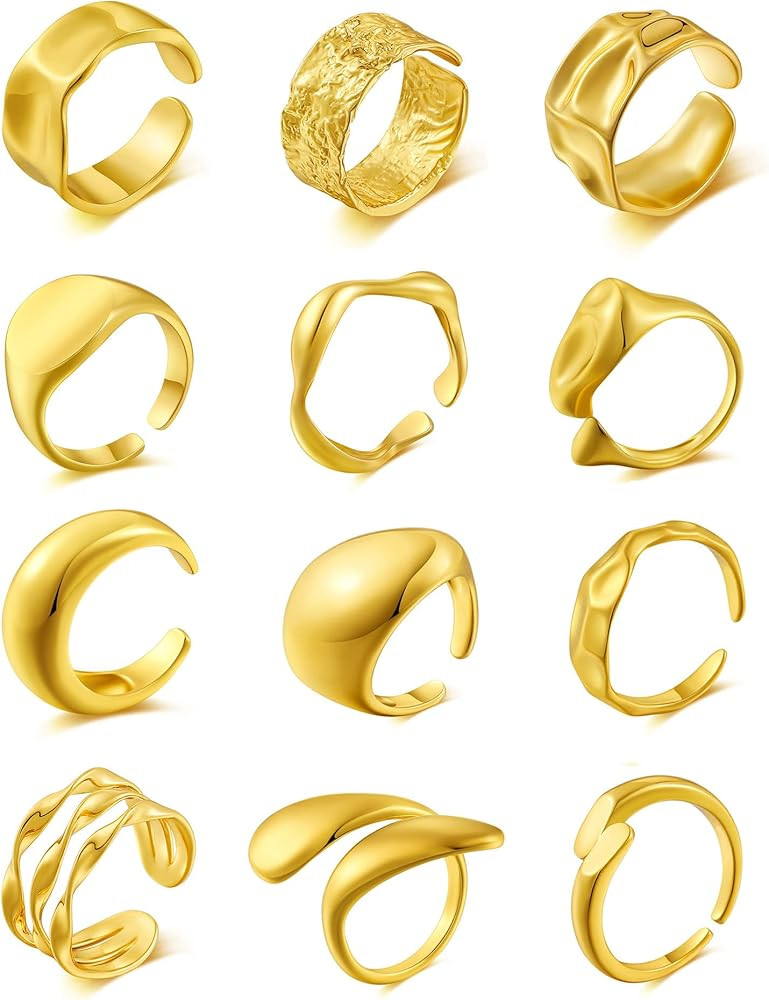 BOMAIL 12PCS Gold Dome Chunky Rings for Women, 18K Gold Plated Croissant, Braided Twisted, Stacki... | Amazon (US)