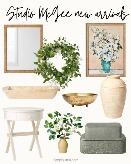 Studio McGee new arrivals are at target right now! Including so many cute decorative pieces like this woven frame mirror and beautiful spring artwork, stacked boxes, terra-cotta vases, wood dough bowl and accent table. Spring wreath, gold bowl, spring decor 

#LTKSeasonal #LTKhome #LTKFind