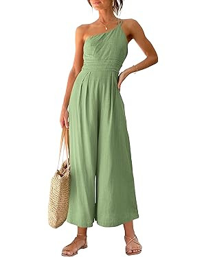 ANRABESS Women's Summer Straps One Shoulder High Waist Dressy Casual Wide Leg Linen Jumpsuit Romp... | Amazon (US)