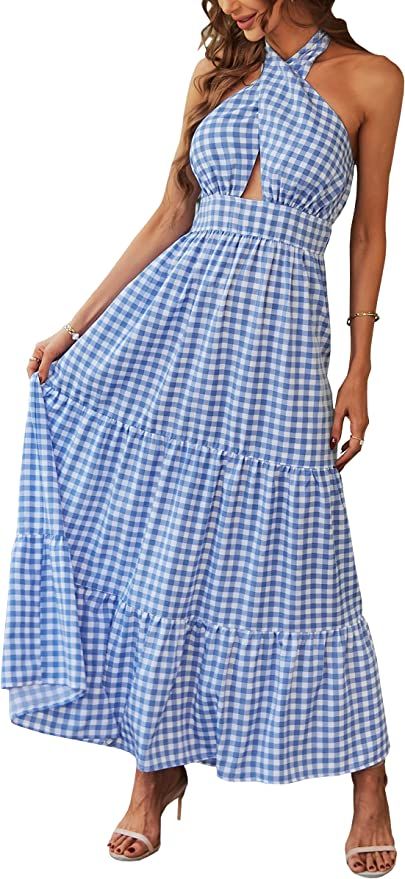 ECOWISH Womens Halter Dresses Summer Gingham A Line Backless Flowy Casual Maxi Dress | Amazon (US)