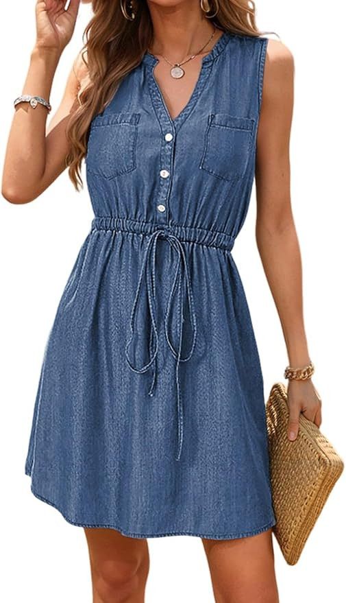 Dokotoo Womens Summer 2026 V Neck Sleeveless Button Down Lightweight Casual Jean Dress Drawstring... | Amazon (US)