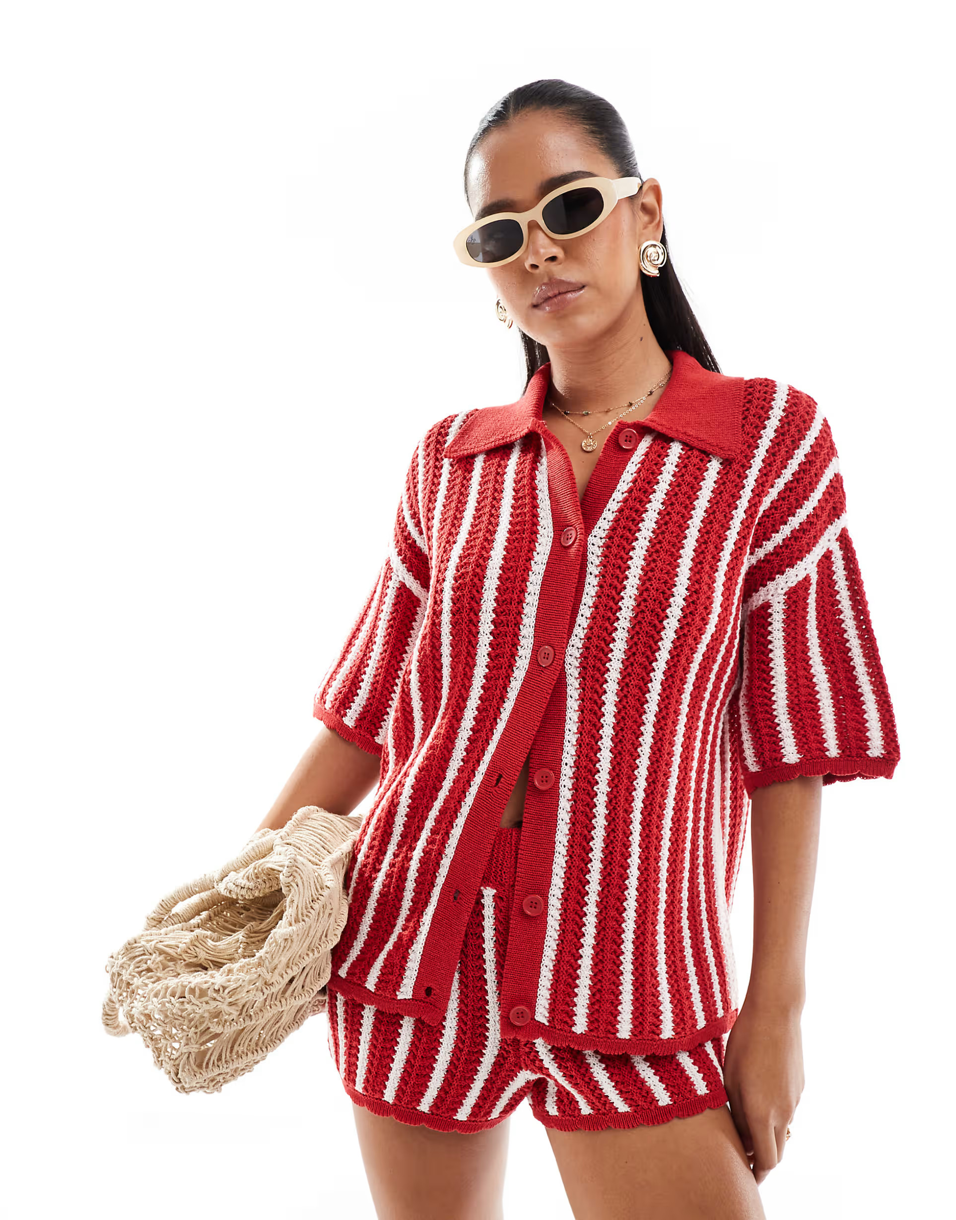 ASOS DESIGN stripe scallop edge knitted shirt co-ord in red | ASOS | ASOS (Global)