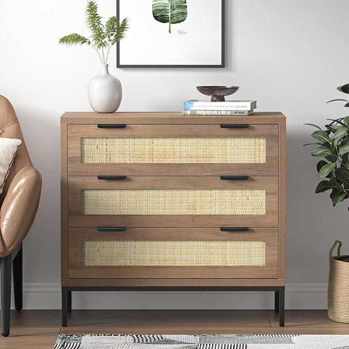 Anmytek 3 Drawer Dresser for Bedroom, Large Dresser with Natural Rattan, Wood Closet Dressers for... | Amazon (US)