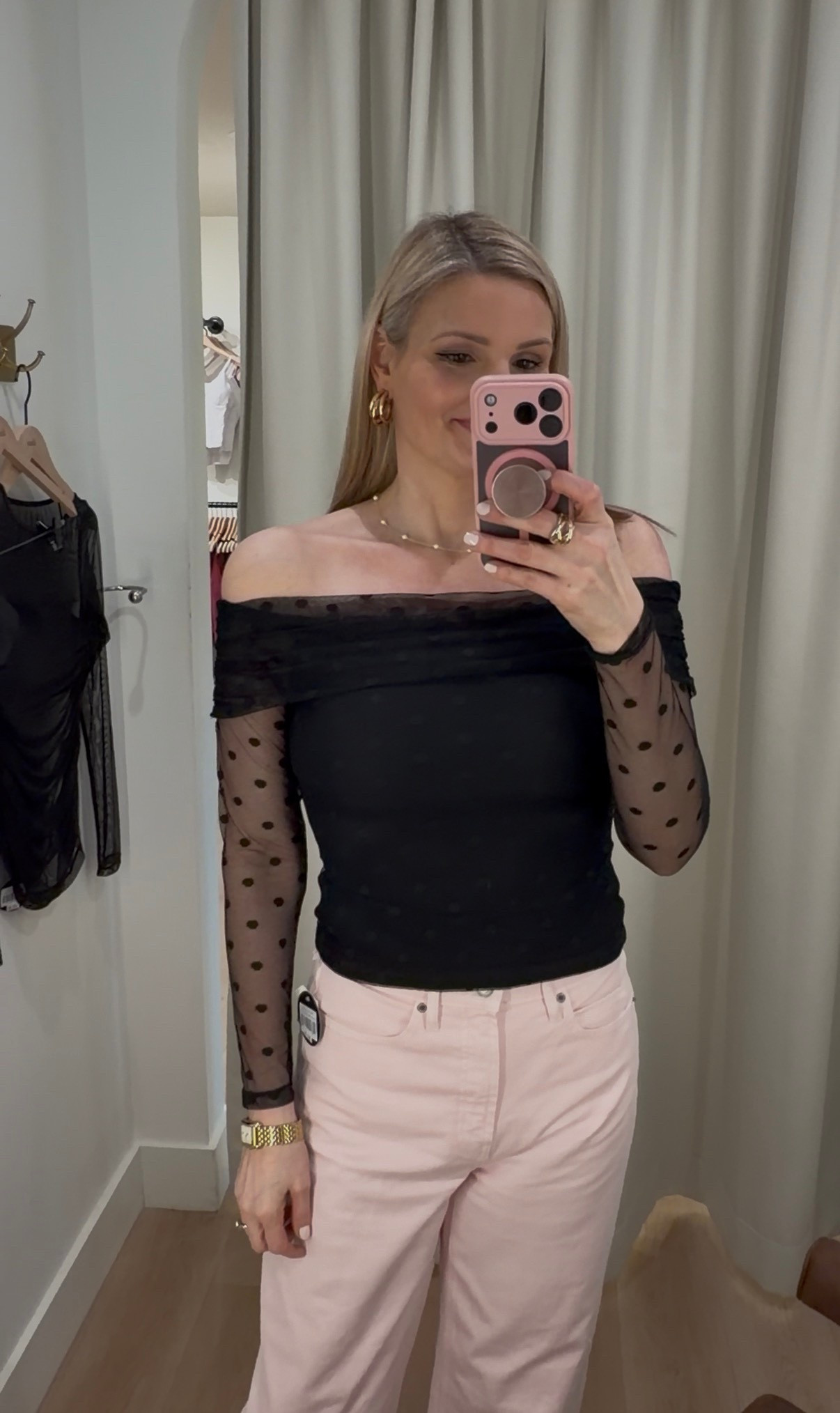 Klassy brami polka dot off-shoulder top has a built in bra! Love this for date night. Wearing the small here but ended up buying the medium  

#LTKootd #LTKSaleAlert #LTKOver40
