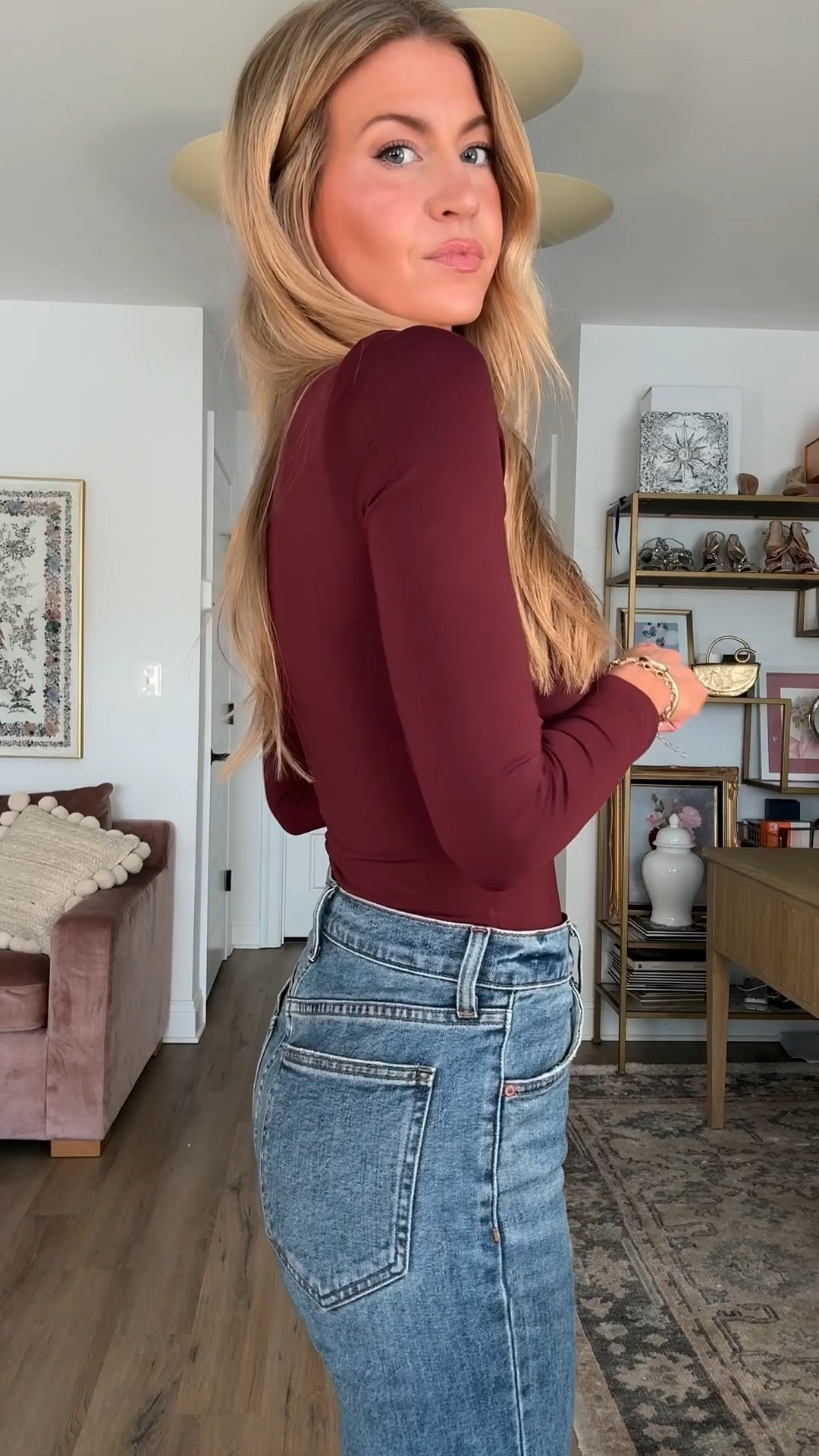 My most work pair of straight leg denim! I rec sizing up one size. I normally wear a 25 but took a 26 in these. I’m 5’6”. 
Bodysuit: runs slightly small, wearing a S 

#LTKgrwm #LTKmomlife #LTKootd